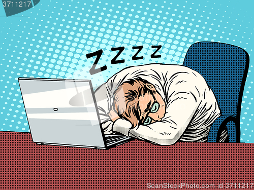 Image of Businessman working on laptop fatigue sleep