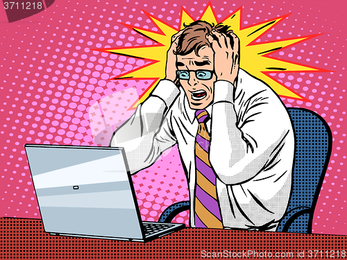 Image of Businessman working on laptop bad news panic