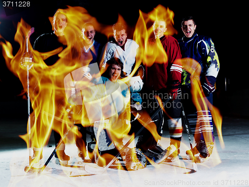 Image of double exposure of ice hockey players team meeting with trainer