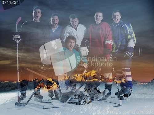 Image of double exposure of ice hockey players team meeting with trainer
