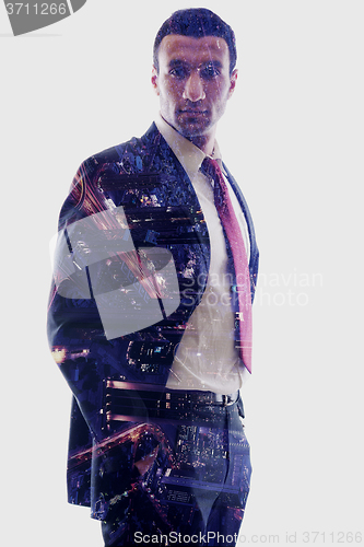 Image of double exposure of business man isolated over white background
