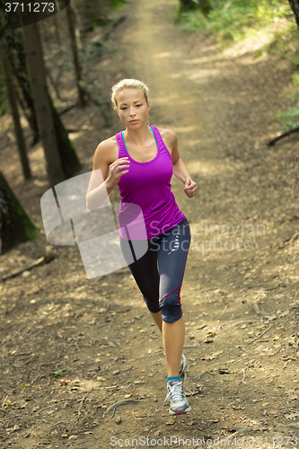 Image of Pretty young girl runner in the forest. 