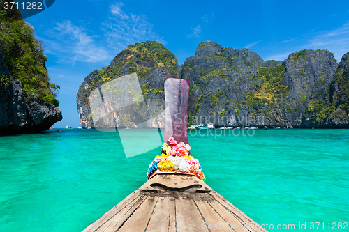 Image of Wooden boad in Maya bay, Thailand.