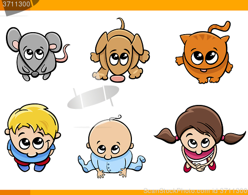 Image of kids and pets cartoon set