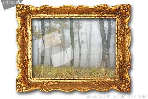 Image of image with misty forest on ancient picture frame