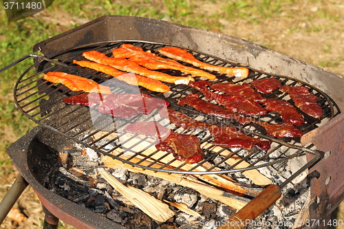 Image of salmon and beef on barbecue