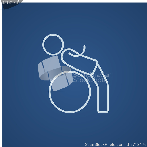 Image of Man doing exercises lying on gym ball line icon.