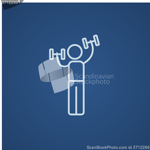 Image of Man exercising with dumbbells line icon.