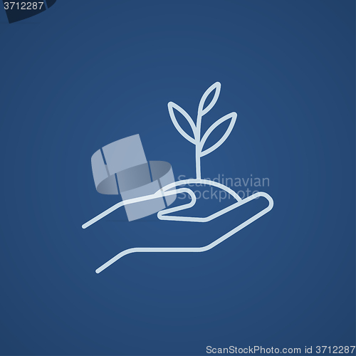 Image of Hands holding seedling in soil line icon.