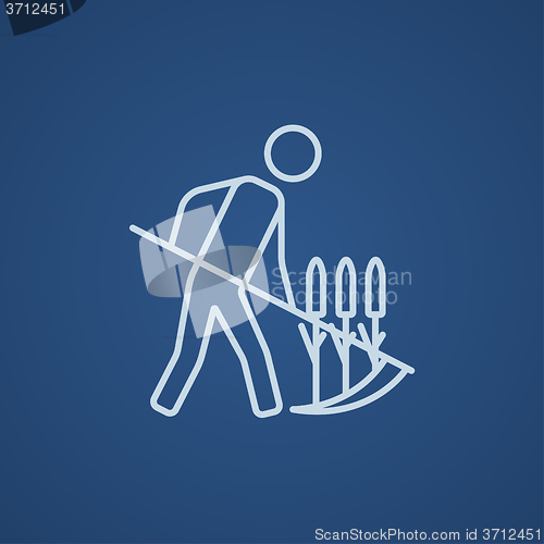 Image of Man mowing grass with scythe line icon.