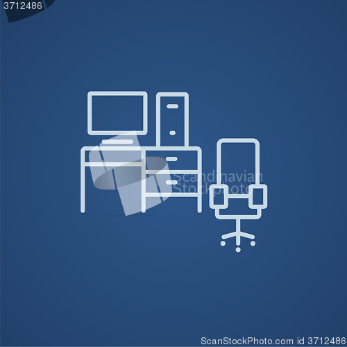 Image of Computer set with table and chair line icon.