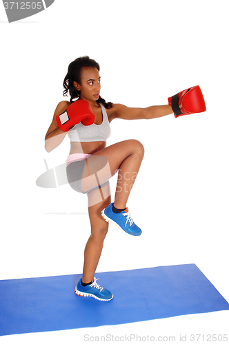 Image of Boxing woman on blue mat.