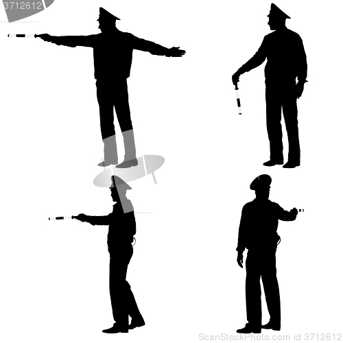 Image of Set black silhouettes  Police officer  with a rod on white 