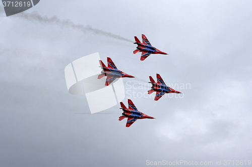 Image of BARNAUL, RUSSIA - AUGUST 16, 2015: Aerobatic Team Russian Knight