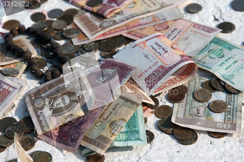 Image of Pile of money notes and coins of different countries