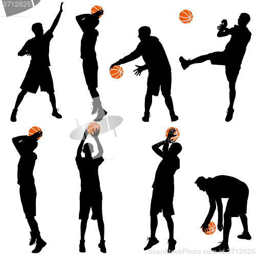 Image of Set back silhouettes of men playing basketball on a white 