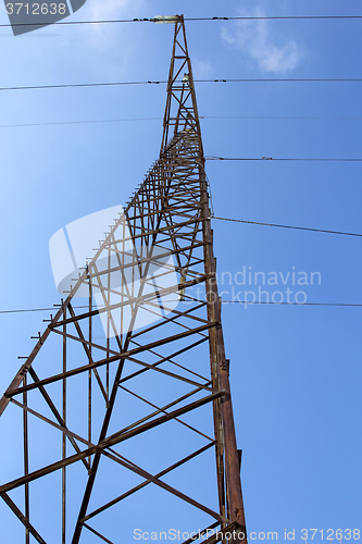 Image of High voltage power pylons against blue sky