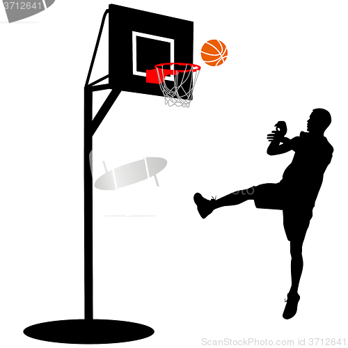 Image of Black silhouettes of men playing basketball on a white 