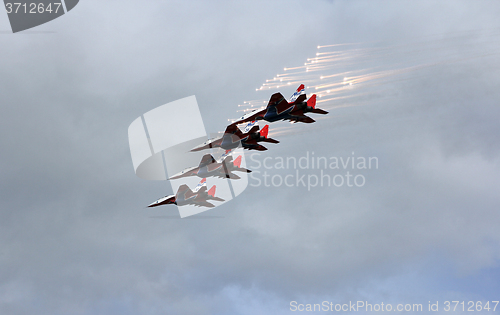 Image of BARNAUL, RUSSIA - AUGUST 16, 2015: Aerobatic Team Russian Knight