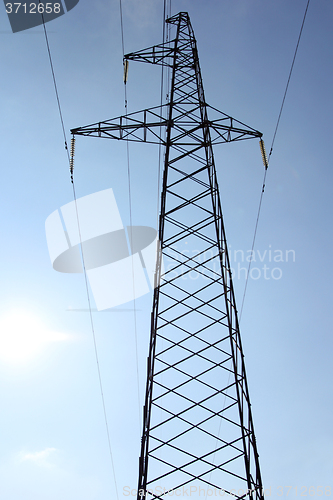 Image of High voltage power pylons against blue sky