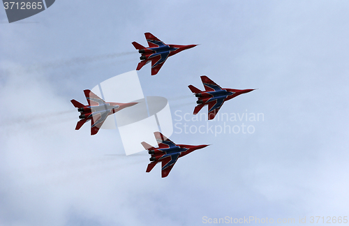 Image of BARNAUL, RUSSIA - AUGUST 16, 2015: Aerobatic Team Russian Knight
