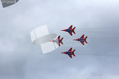 Image of BARNAUL, RUSSIA - AUGUST 16, 2015: Aerobatic Team Russian Knight