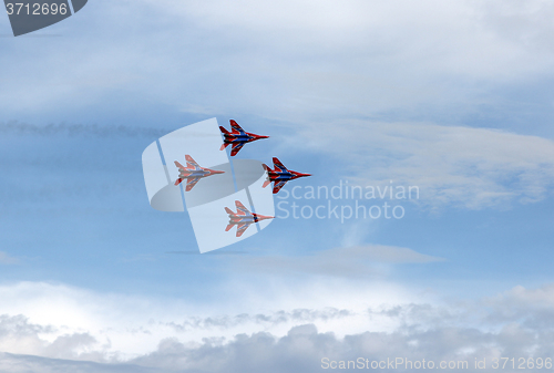 Image of BARNAUL, RUSSIA - AUGUST 16, 2015: Aerobatic Team Russian Knight