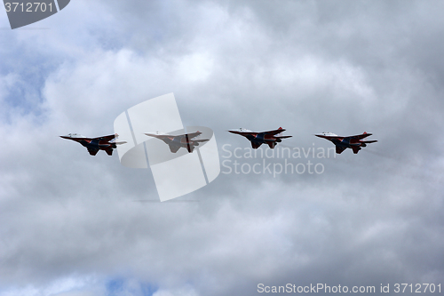 Image of BARNAUL, RUSSIA - AUGUST 16, 2015: Aerobatic Team Russian Knight