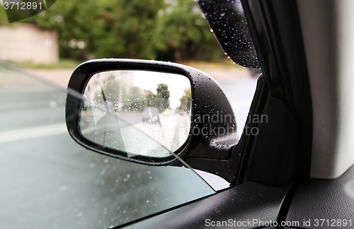 Image of rear-view mirror in rainy weather