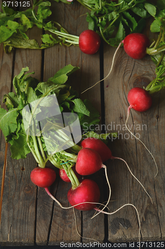 Image of  fresh radishes on wooden table