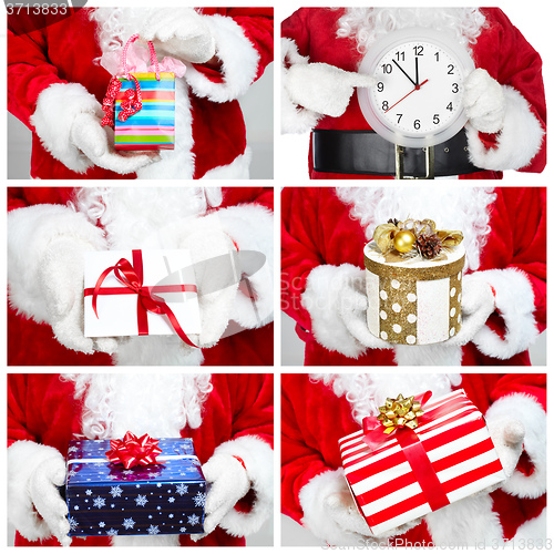 Image of Hands of Santa Claus with gift. Collage