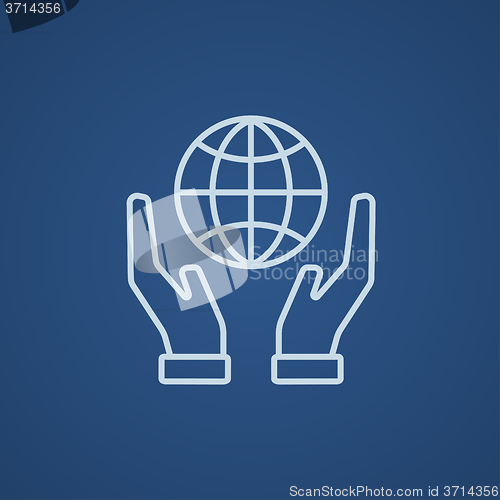 Image of Two hands holding globe line icon.