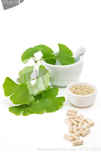 Image of Ginkgo capsules with mortar and pestle