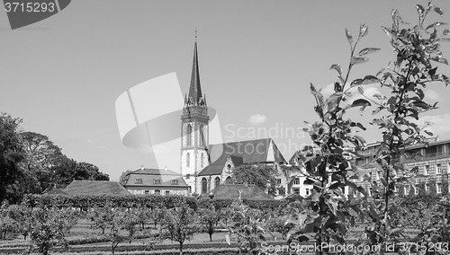 Image of Black and white St Elizabeth church in Darmstadt