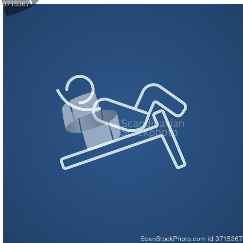 Image of Man doing crunches on incline bench line icon.