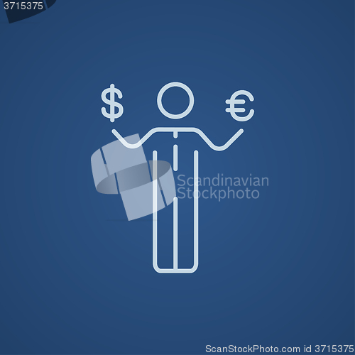 Image of Businessman holding Euro and US dollar line icon.