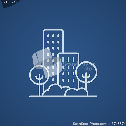 Image of Residential building with trees line icon.