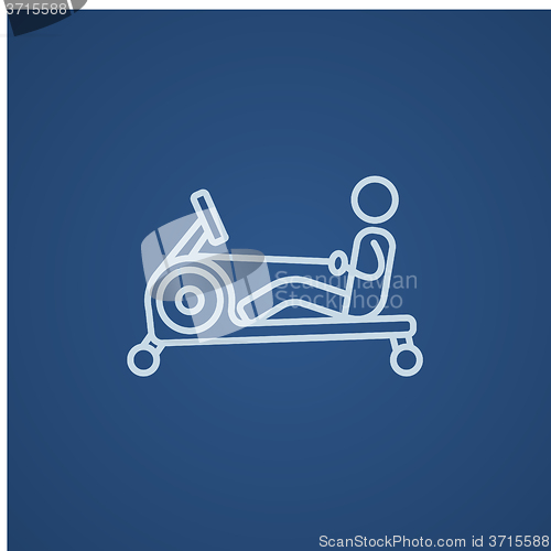 Image of Man exercising with gym apparatus line icon.