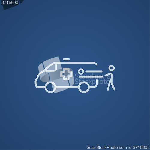 Image of Man with patient and ambulance car line icon.