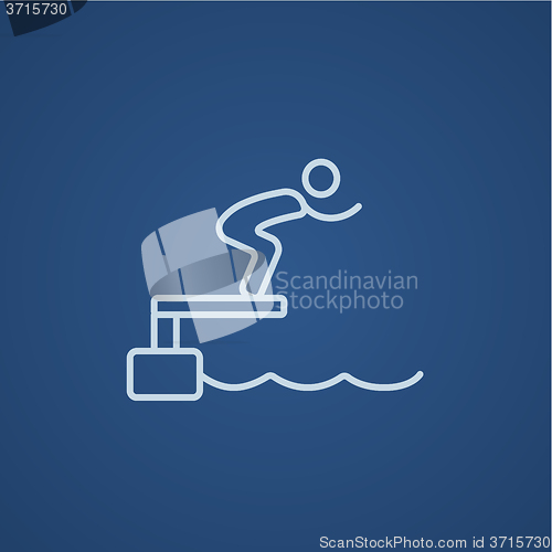 Image of Swimmer jumping from starting block in pool line icon.