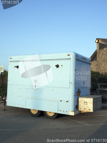 Image of business storage  trailer  parked in lot  Ditch Plains beach Montauk The Hamptons New York USA