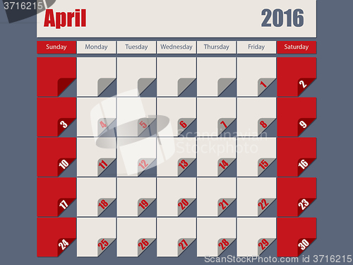 Image of Gray Red colored 2016 april calendar