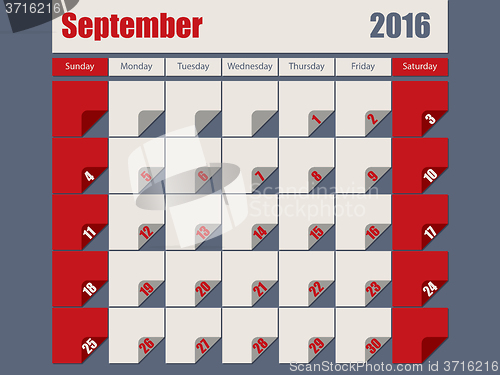 Image of Gray Red colored 2016 september calendar