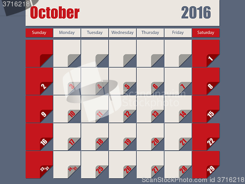 Image of Gray Red colored 2016 october calendar