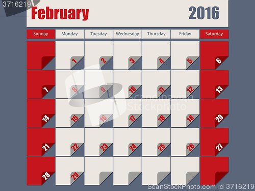 Image of Gray Red colored 2016 february calendar