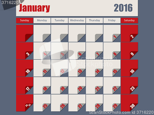 Image of Gray Red colored 2016 january calendar