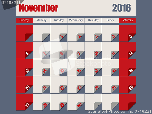 Image of Gray Red colored 2016 november calendar