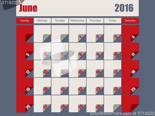 Image of Gray Red colored 2016 june calendar