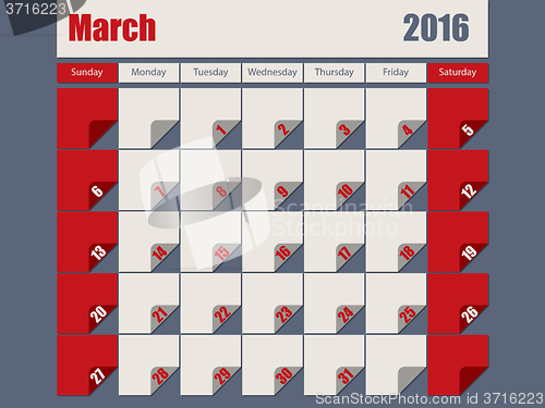 Image of Gray Red colored 2016 march calendar