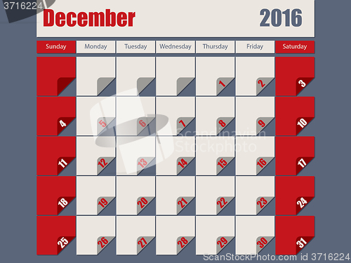 Image of Gray Red colored 2016 december calendar